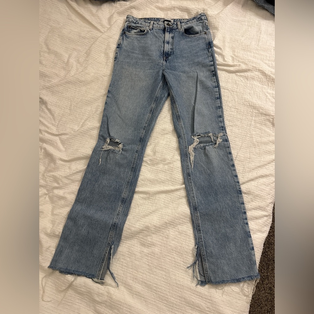 Zara Light Blue Distressed Flare Jeans